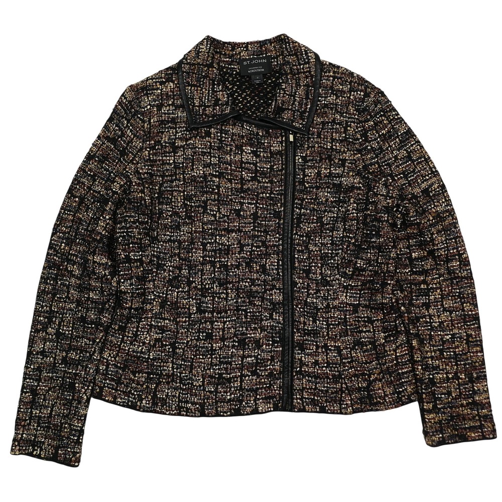 St John Collection x Nordstrom Textured Moto Runway Jacket Women 16 Leather Trim
